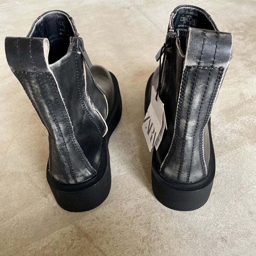 NWT Zara Womens Chunky Sole Leather Zip Ankle Boot 38 - Picture 8 of 11